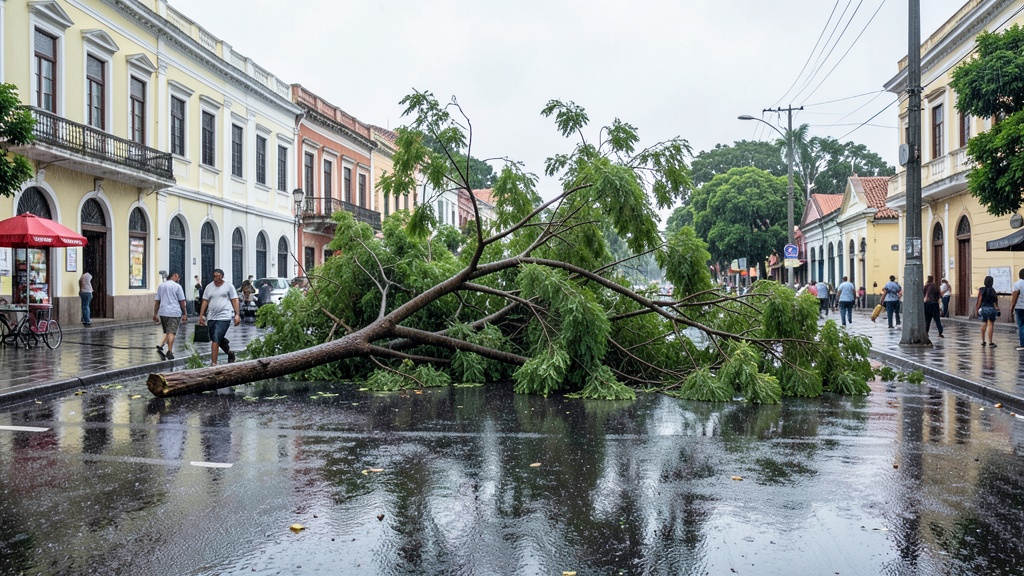 Árbol caído y acumulación de agua en Puerto Principal tras lluvias en Guayaquil